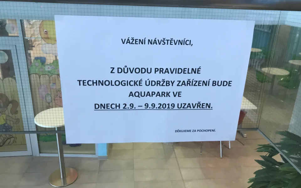 Olomoucký aquapark bude až do začátku příštího týdne uzavřený, čeká ho povinná odstávka
