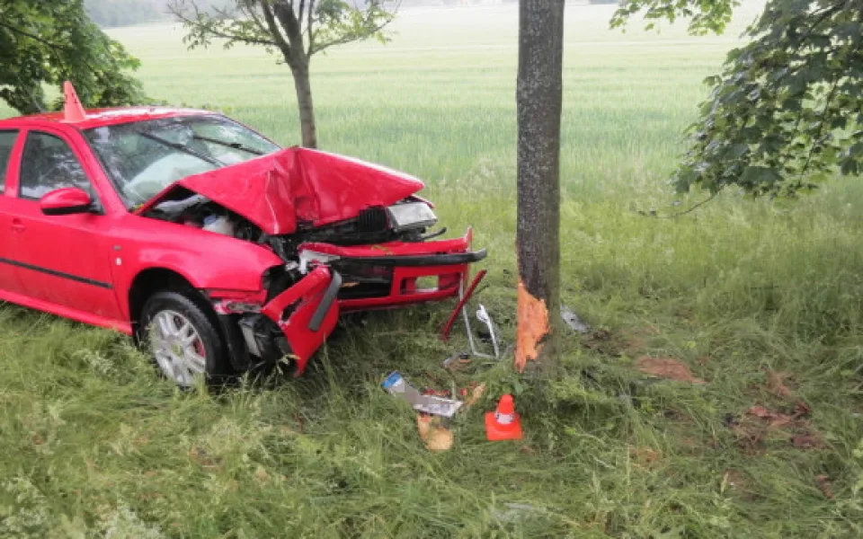 Řidiči do cesty vběhla srna. Na mokré silnici dostal smyk a čelně narazil do stromu