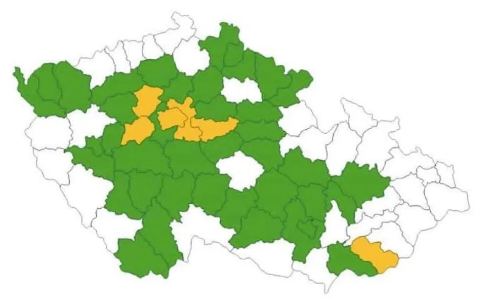 Mapa zobrazuje stupně šíření nákazy.