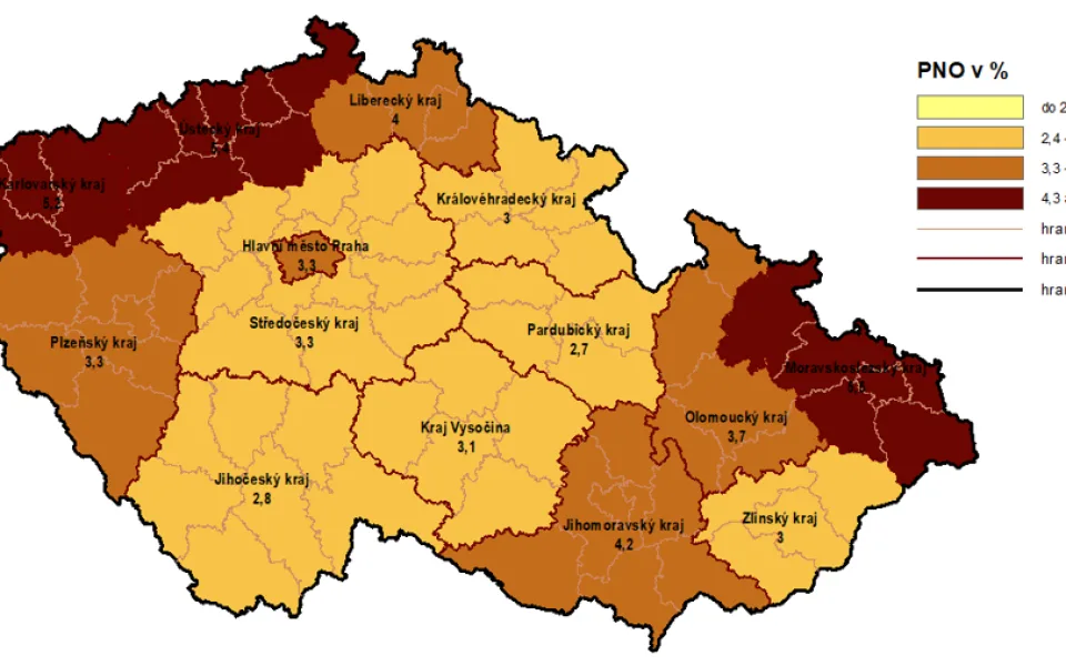 Mapa zobrazující podíl nezaměstnaných osob v krajích na počet obyvatel.