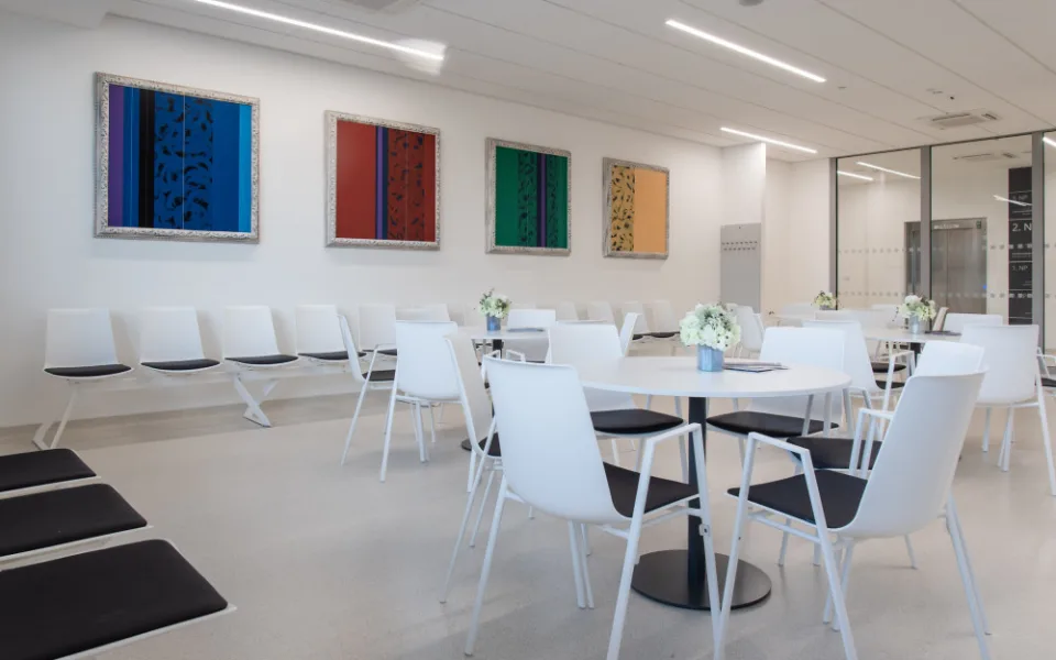 Umění vkusně doplňuje moderní architekturu nové budovy hemato-onkologické kliniky.