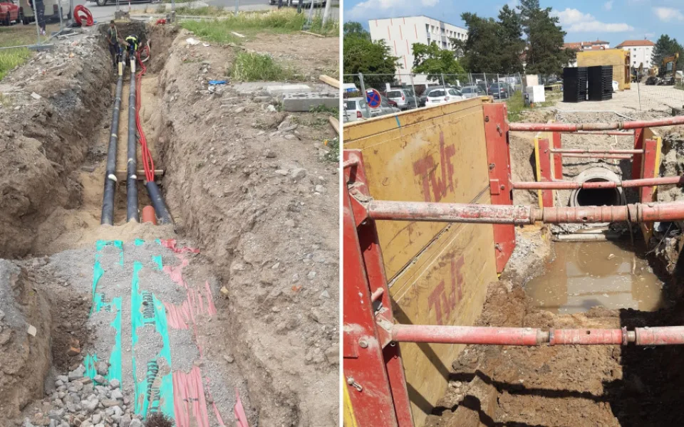 Stavba tramvajové trati.