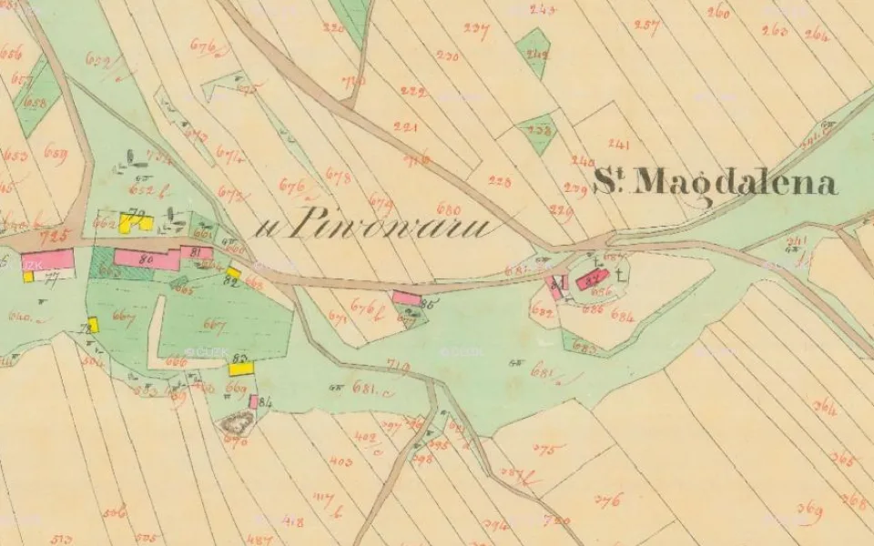 Výřez z mapy Stabilního katastru Bouzova z roku 1834