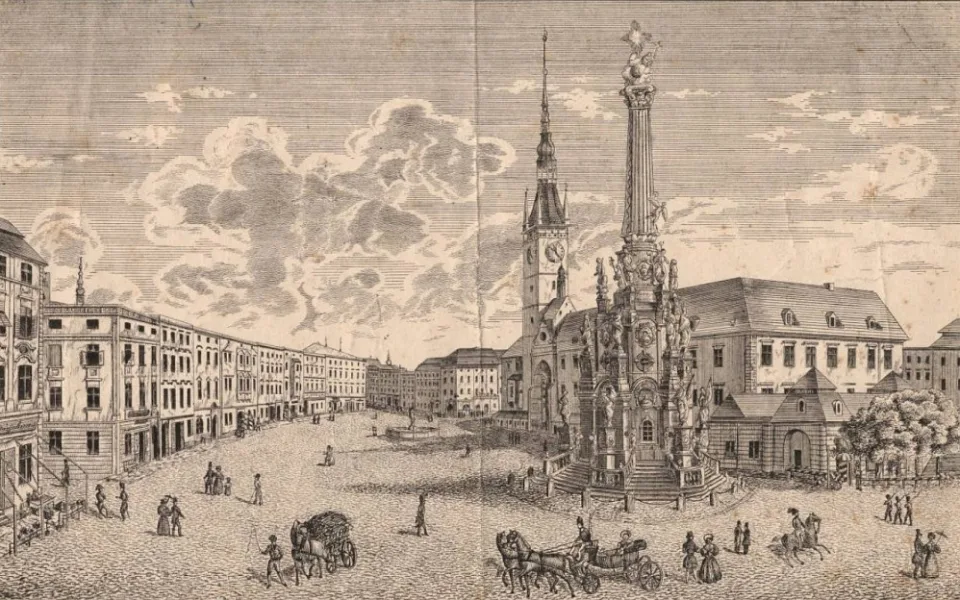 Horní náměstí r. 1801 - A. Feldmann (rytina), Skarnitzl a Domek (litografie)