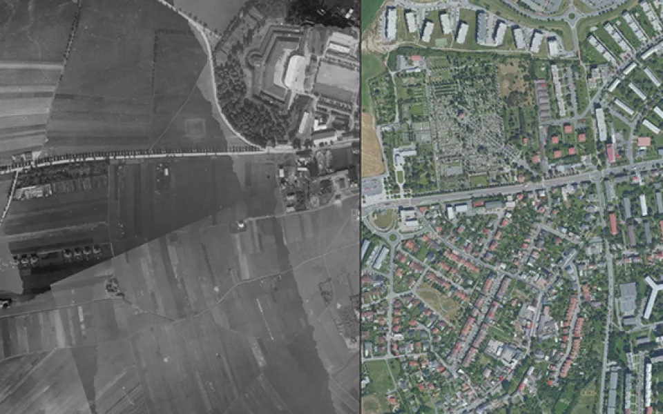 Pohled na ústřední Hřbitov v Olomouci a jeho okolí v letech 1927 a 2021