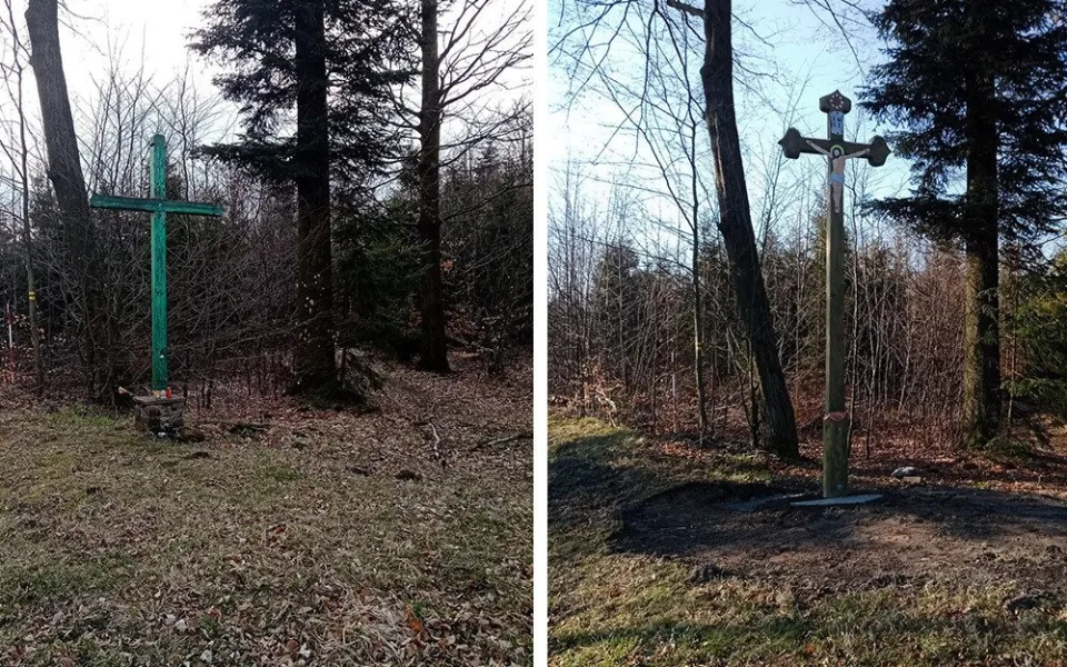 Původní dřevěný kříž (vlevo) nahradil nový symbol vytvořený Jaromírem Machalou
