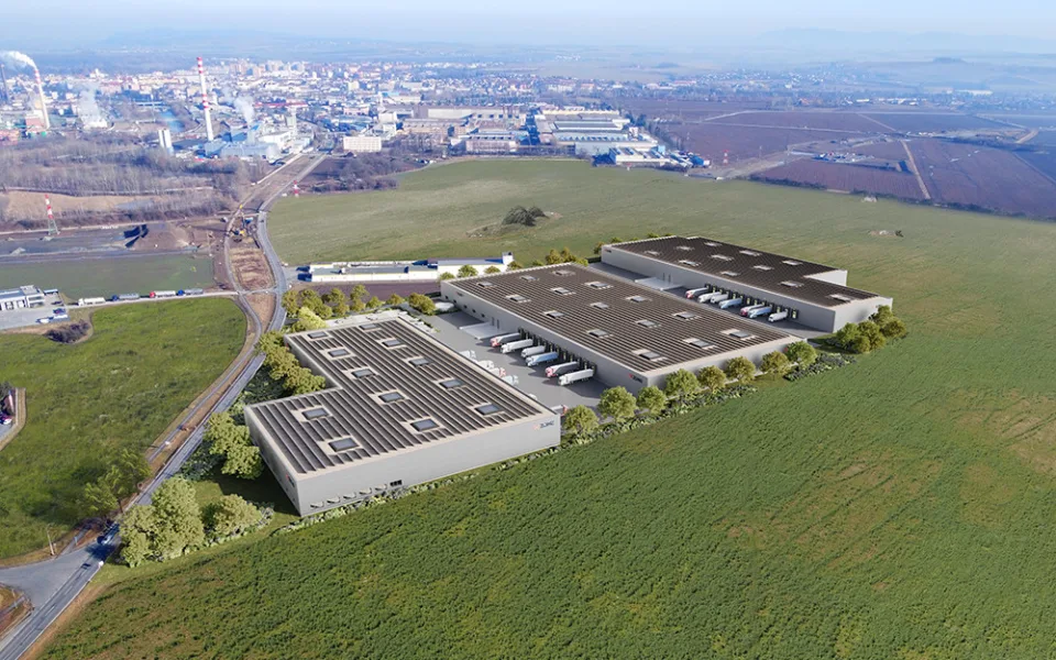 Vizualizace výstavby průmyslových a logistických hal u Přerova