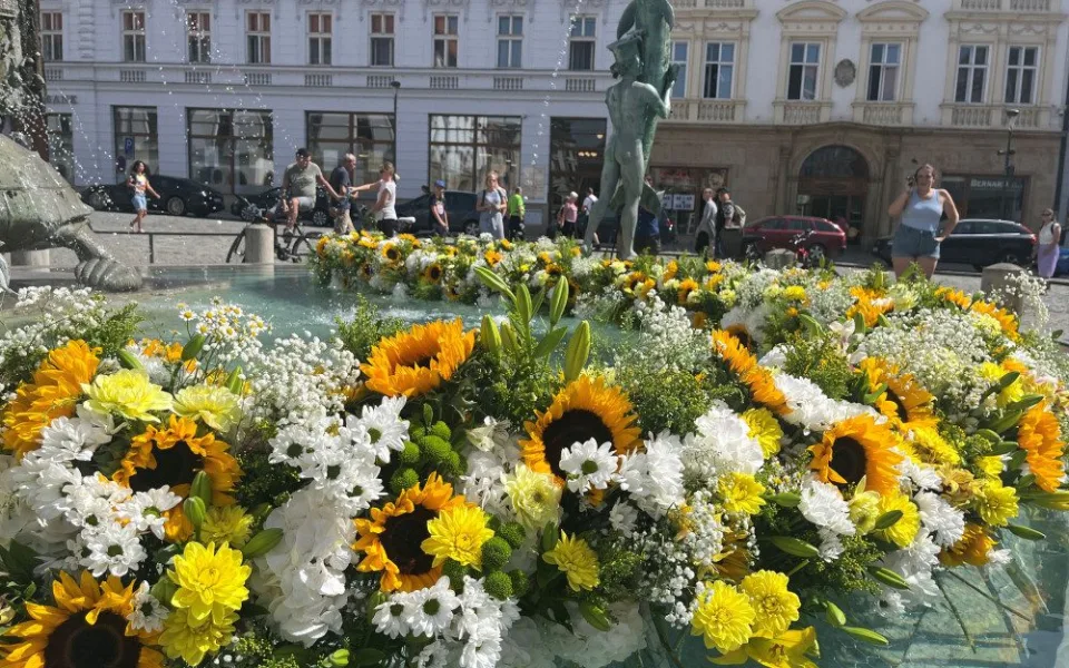Arionovu kašnu v centru Olomouce rozzářily tisíce květin. Aranžmá je letos inspirované barokem