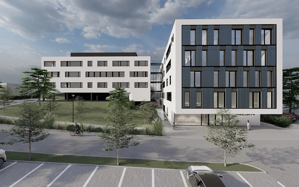 Vizualizace nového pavilonu P4 (napravo), který se spojovacími mosty napojí k budově hemato-onkologie