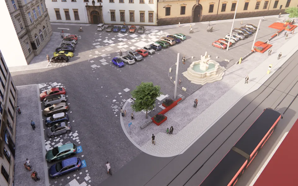 Vizualizace z rozpracované studie proměny náměstí Republiky v Olomouci, která nabízí varianty trvalé či sezonní úpravy