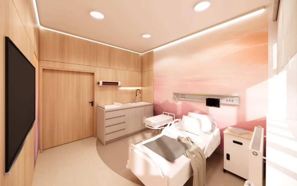Vizualizace pokoje na oddělení šestinedělí šternberské porodnice po dokončení modernizace