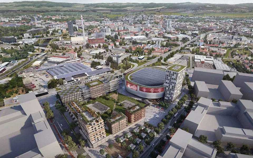 Vizualizace nové multifunkční haly pro kulturu a sport u Velkomoravské ulice v Olomouci