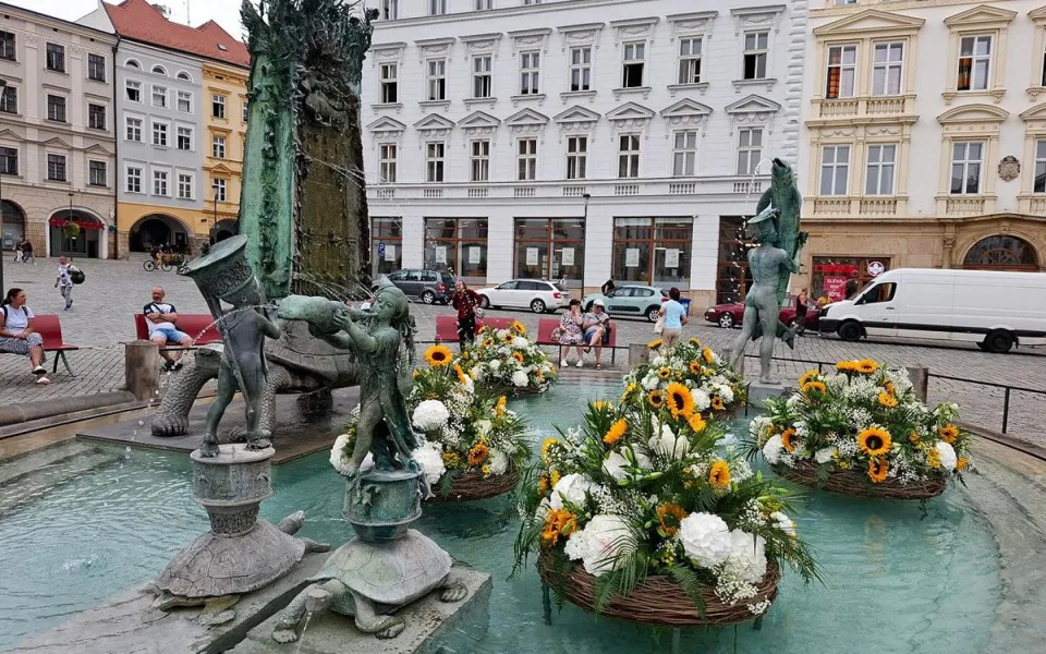 Květinová dekorace Arionovy kašny v Olomouci