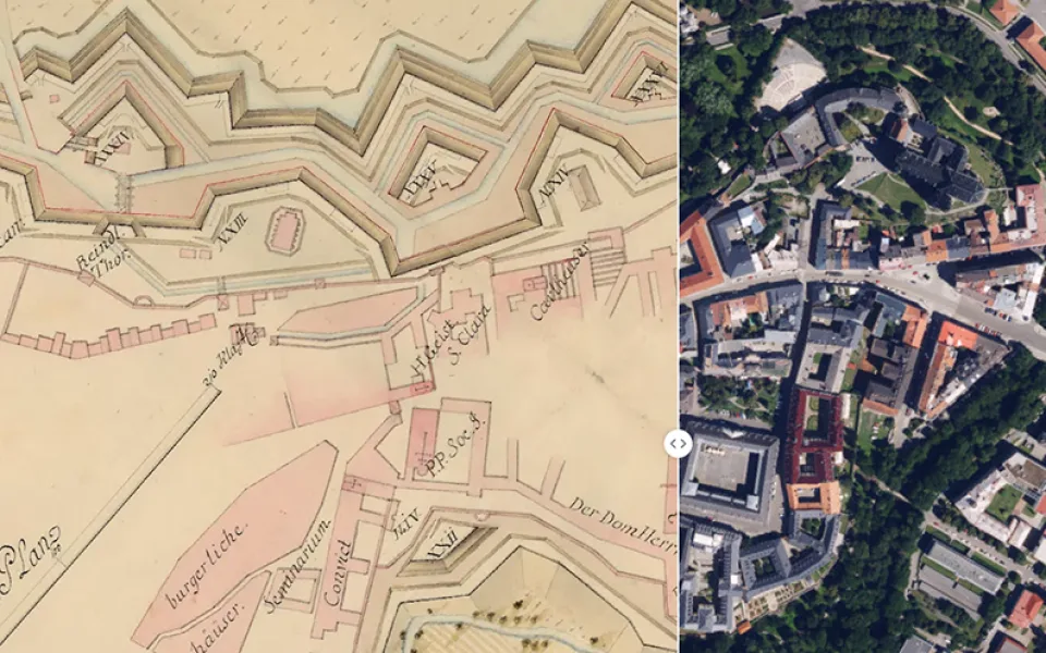 Raportní plán olomoucké pevnosti z roku 1769 a ortofoto mapa z roku 2024