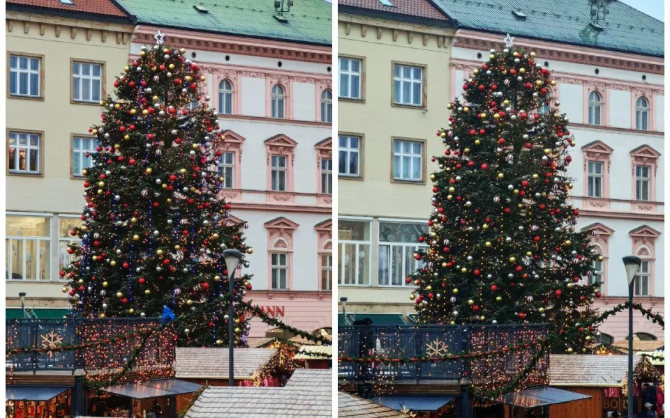 Vánoční strom v Olomouci má částečně novou podobu