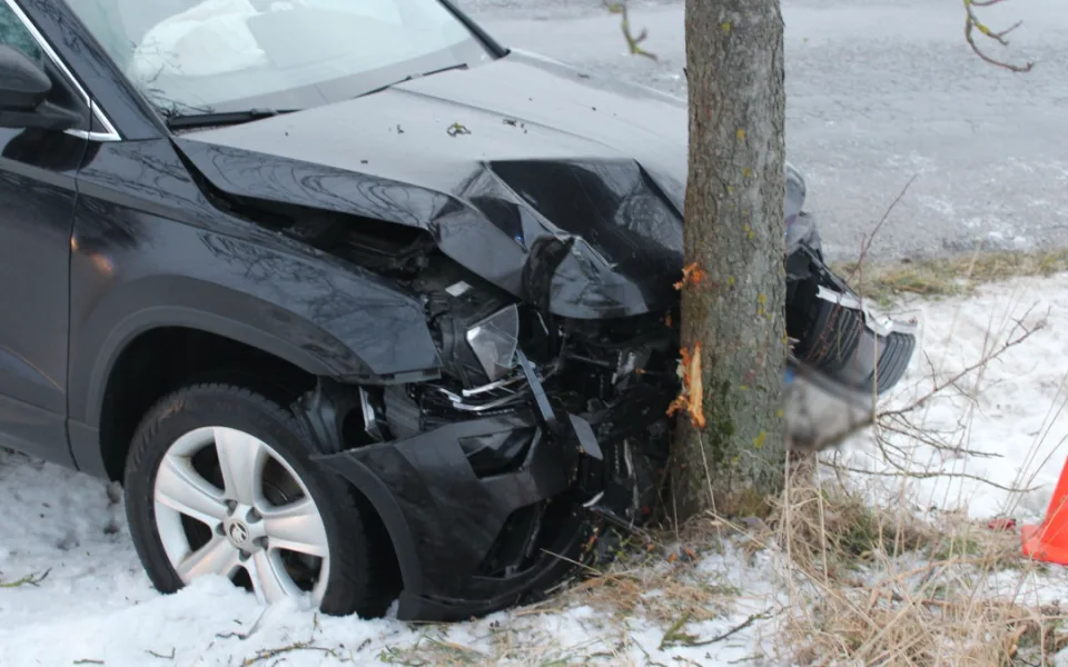 Na Přerovsku auto dostalo na náledí smyk a narazilo do stromu. Škoda je přes čtvrt milionu