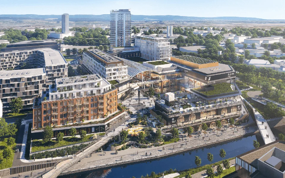 Vizualizace projektu Šantovka District v Olomouci, vepředu nalevo bíle zaznačený dům na adrese Šantova 10