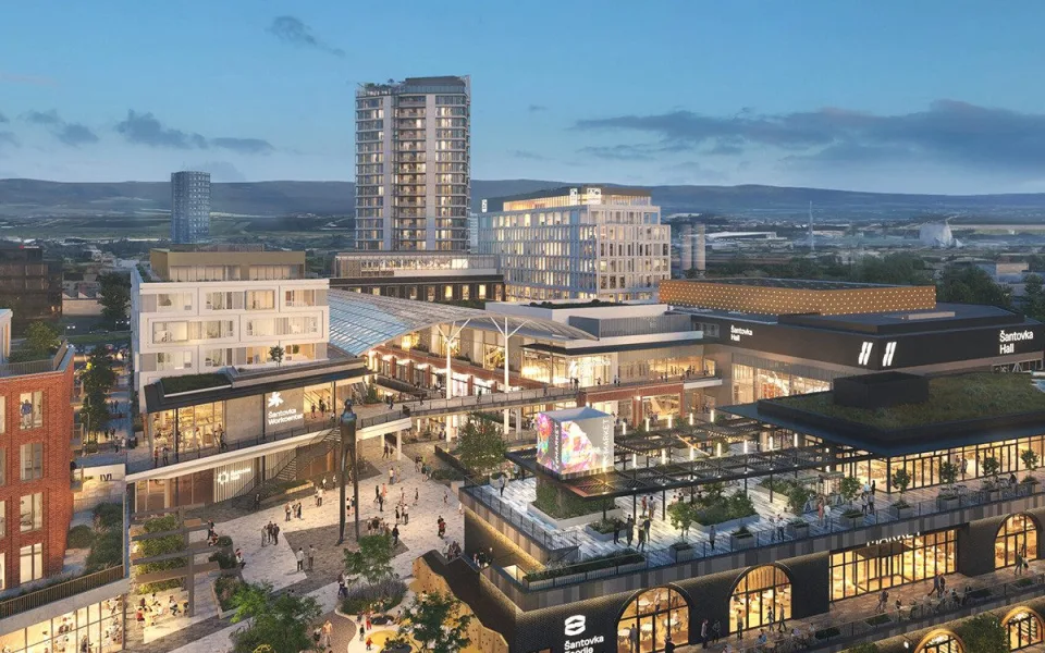 Vizualizace záměru Šantovka District s výškovou budovou Šantovka Tower